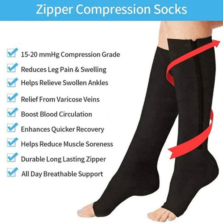 Premium Zipper Compression Socks with Open Toe – 15-20 mmHg, for Men & Women, Lightweight Support for Pregnancy, Swelling, 