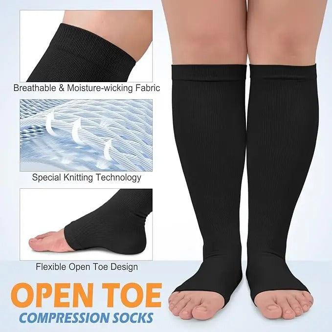 Premium Plus Size Compression Socks for Women & Men – 20-30mmHg Graduated Support – Open Toe, Toeless, Wide Calf – Medical & Travel - StrengthXPhysiotherapy