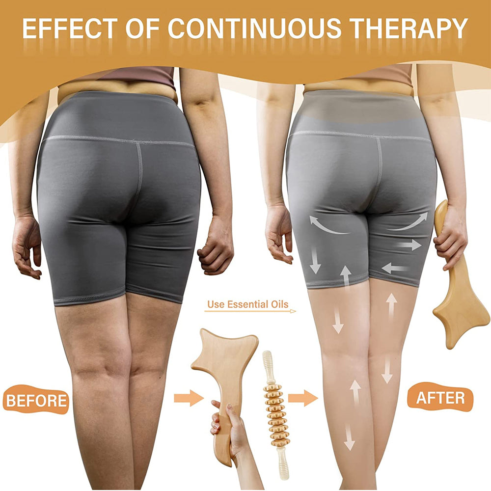 Premium 6-in-1 Wood Therapy Massage Tool Set for Lymphatic Drainage, Anti-Cellulite Fascia Massage Roller, Muscle Relaxation