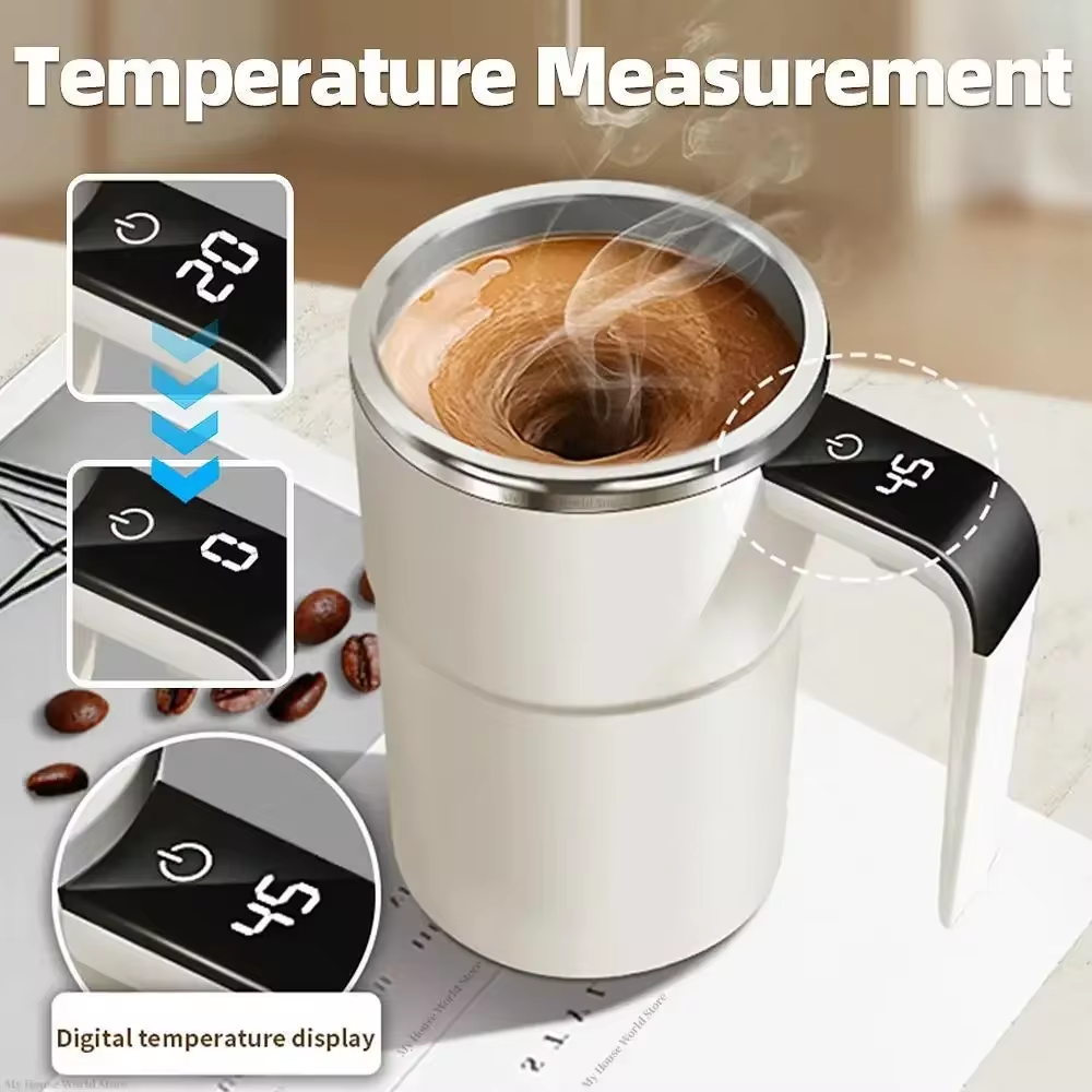 Premium Self Stirring Magnetic Mug – USB Rechargeable Smart Coffee & Tea Cup with LCD Temperature Display – Automatic 