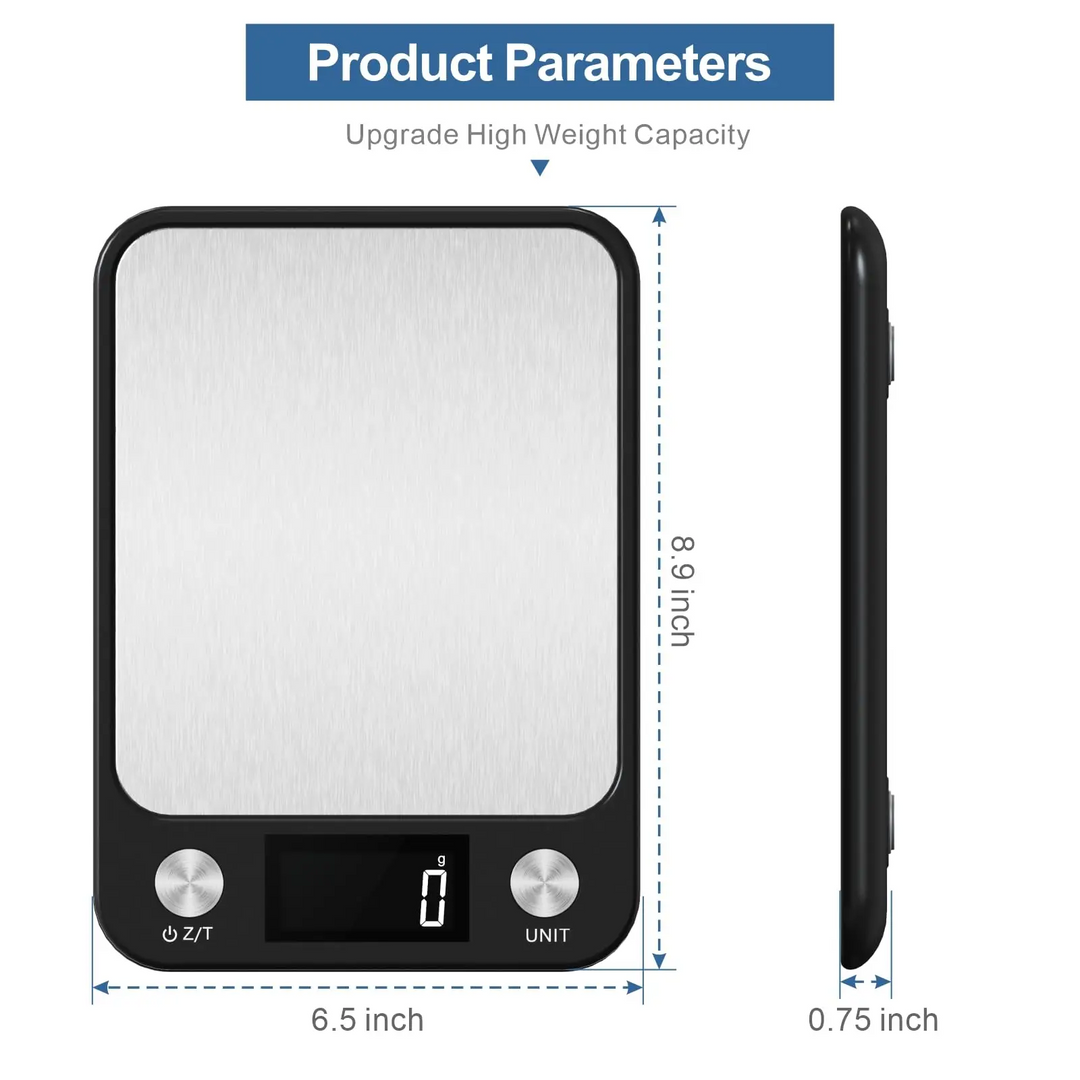 Premium Kitchen Scale 15Kg/1g – Stainless Steel Digital Food and Coffee Weighing Scale, LED Display, Battery-Powered, Multi-