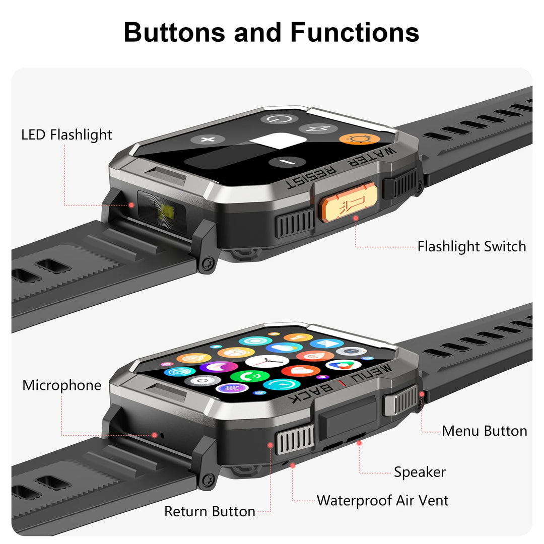 Premium Rugged Smartwatch for Outdoor – 2.01" HD TFT Display, Bluetooth Calling, 900mAh Battery, Heart Rate & Blood Oxygen Monitor, Emergency Lighting, Waterproof, Fitness Tracker - StrengthXPhysiotherapy