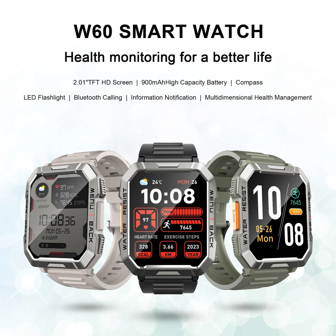 Premium Rugged Smartwatch for Outdoor – 2.01" HD TFT Display, Bluetooth Calling, 900mAh Battery, Heart Rate & Blood Oxygen Monitor, Emergency Lighting, Waterproof, Fitness Tracker - StrengthXPhysiotherapy