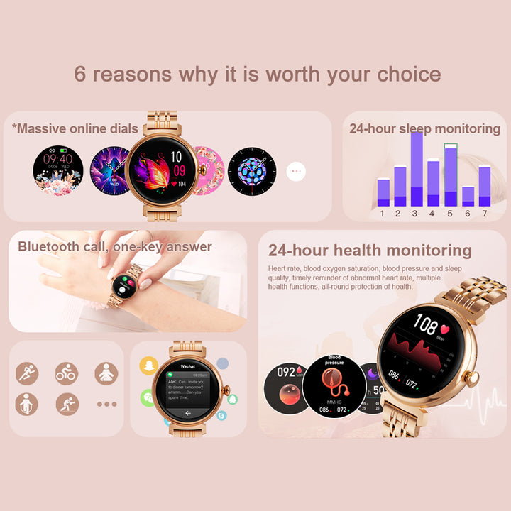 Premium Fashion Smartwatch for Women, 1.04" AMOLED Screen, Bluetooth Call, Metal Body, IP68 Waterproof, Heart Rate, Music 