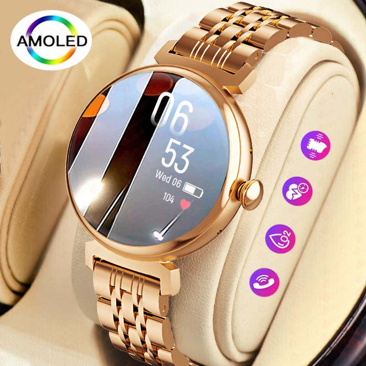 Premium Fashion Smartwatch for Women, 1.04" AMOLED Screen, Bluetooth Call, Metal Body, IP68 Waterproof, Heart Rate, Music 