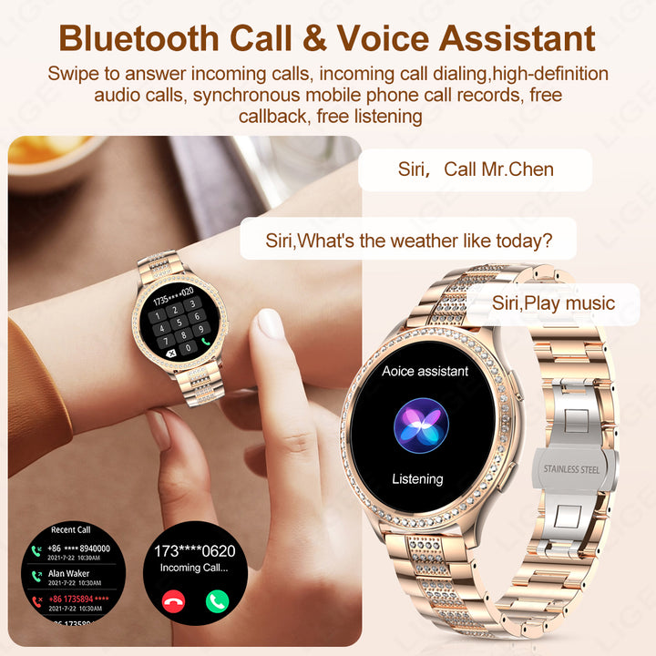 Premium Fashion Smartwatch for Women, 1.04" AMOLED Screen, Bluetooth Call, Metal Body, IP68 Waterproof, Heart Rate, Music 