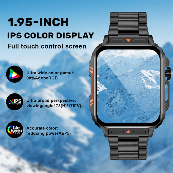 Premium Outdoor Military Smartwatch for Men - Bluetooth Calling, IP68 Waterproof, 100+ Sports Modes, 1.95-inch Display, Heart