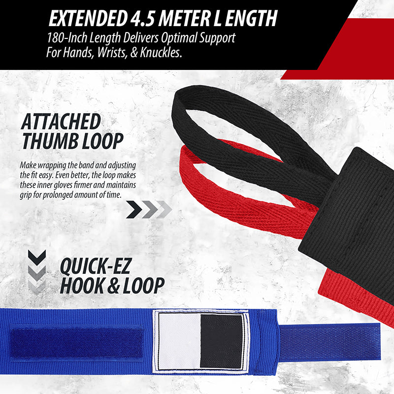 Premium Boxing Hand Wraps Inner Gloves – 180 Inch Elasticated Bandages with Thumb Loop, Wrist Protection for MMA, Muay Thai, Kickboxing, and Combat Sports - StrengthXPhysiotherapy